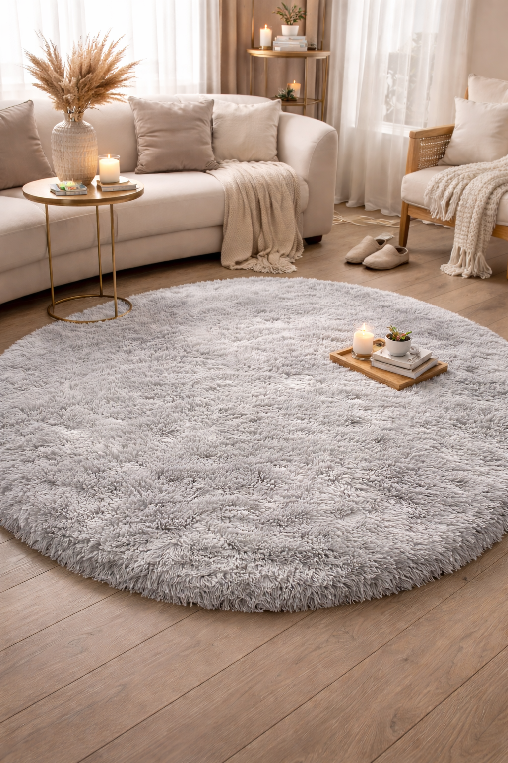 Tapis Rond Blanc en Peluche Moelleux