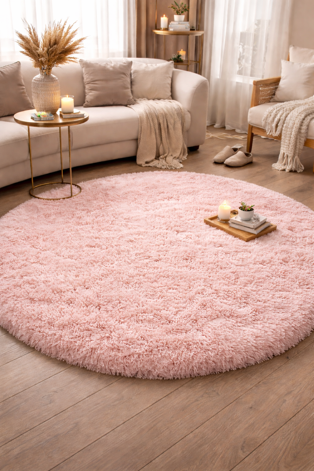 Tapis Rond Blanc en Peluche Moelleux