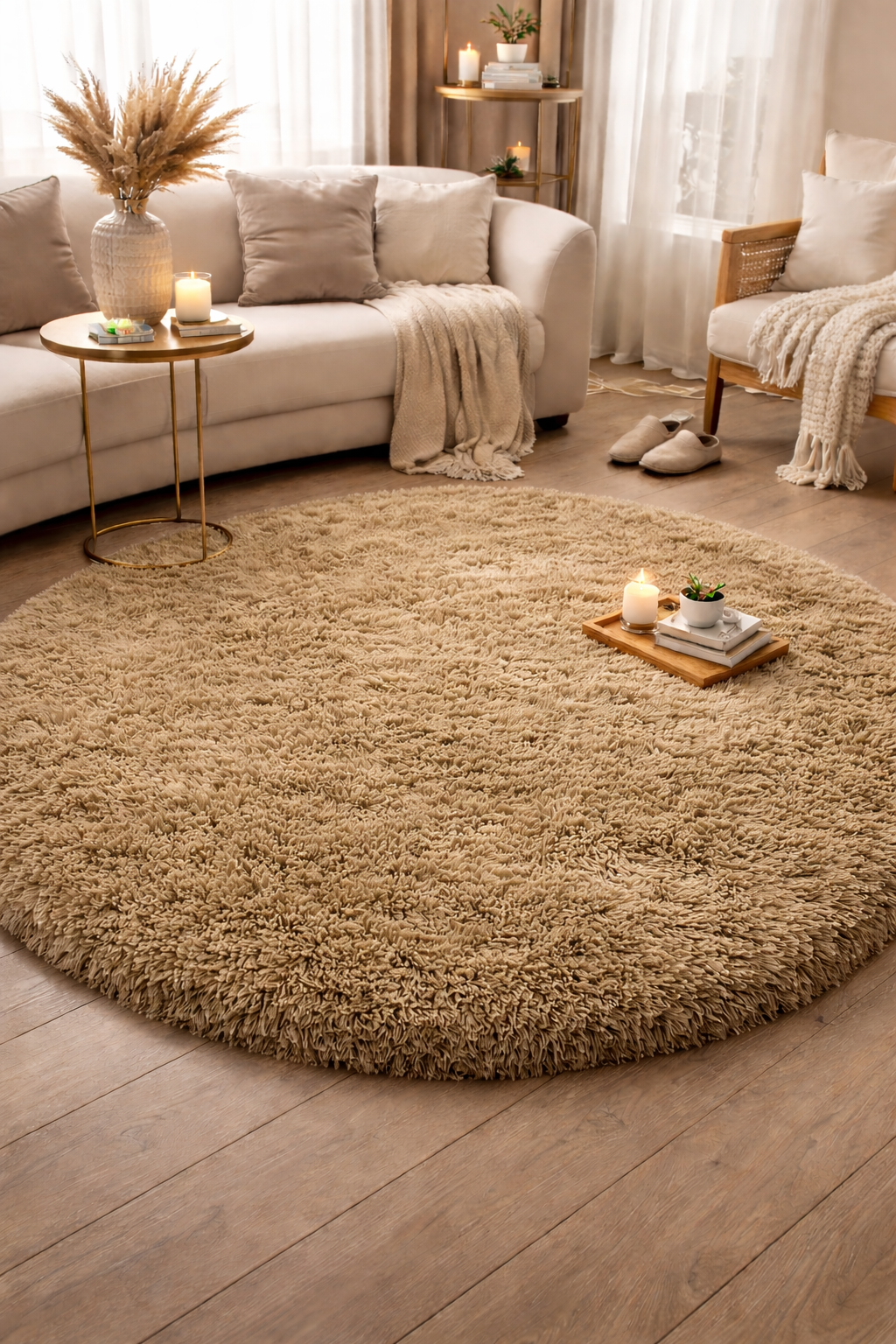 Tapis Rond Blanc en Peluche Moelleux